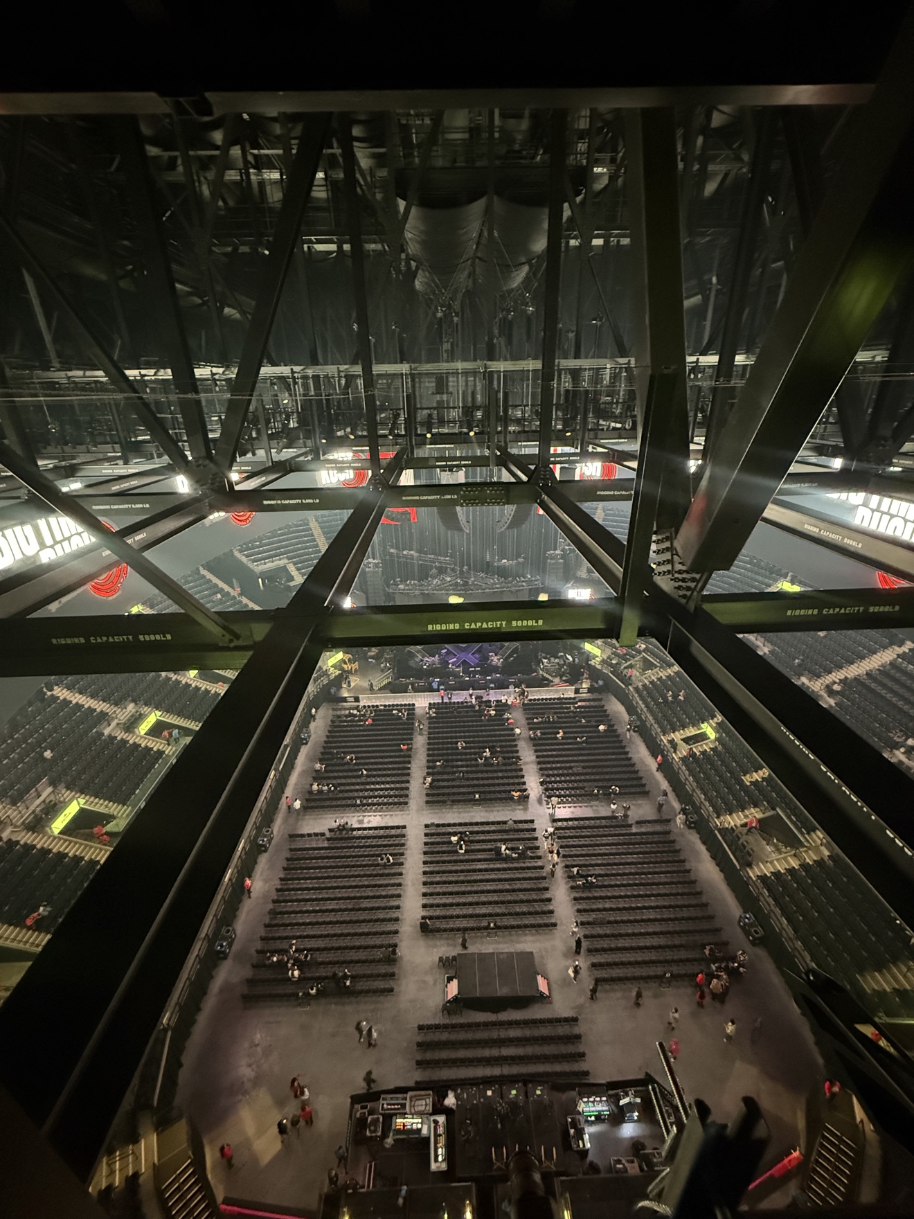 Overhead view of arena rigging and production structures